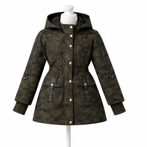 Habitual Camo Utility Jacket Hooded Faux Leather Trim Thumbhole Sleeves Coat 10